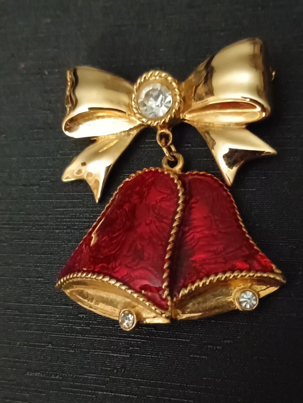 Vintage Gold Bow with Red Bell Pendant Brooch - Women Jewelry By Lia